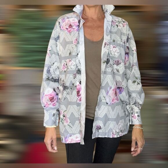 90A. Hula Tease Hawaii Designer Polynesian collar button up Rose Dress shirt - Picture 6 of 12